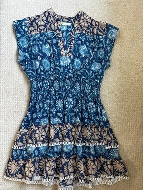 Bindu Blue Floral Short Dress with Cream Accents